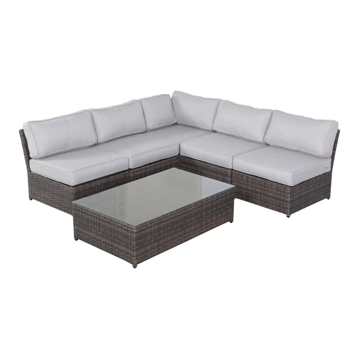 Comfortable Modern Rattan Sectional Set With Cushions, brown wicker, glass-top coffee table on Tampa Home & Garden Store