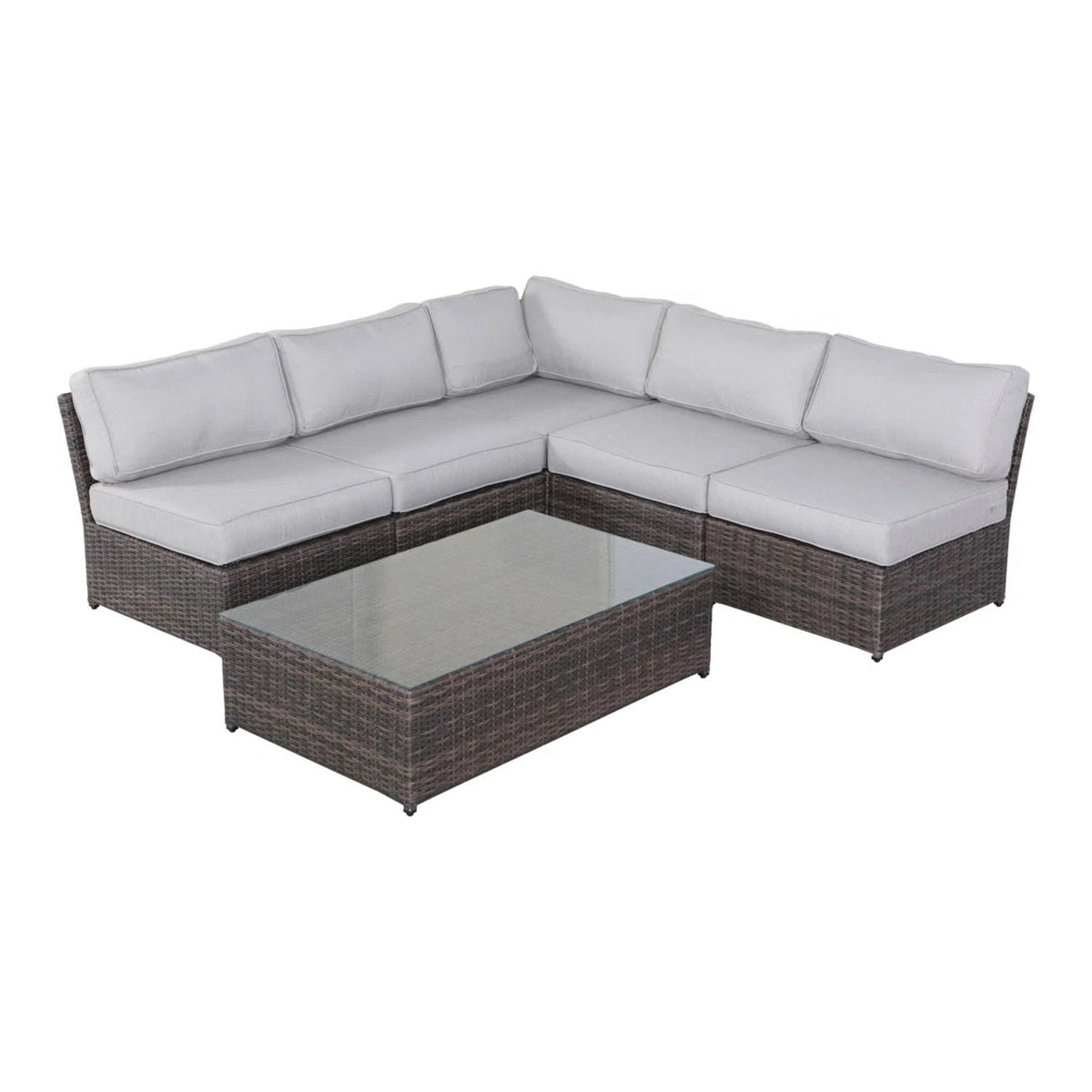 Outdoor rattan sectional set with light gray cushions and glass table HouseOfZazla on Tampa Home & Garden Store
