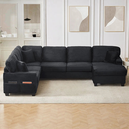U-shaped black ribbed upholstered sectional with movable ottoman and side storage pockets on Tampa Home & Garden Store