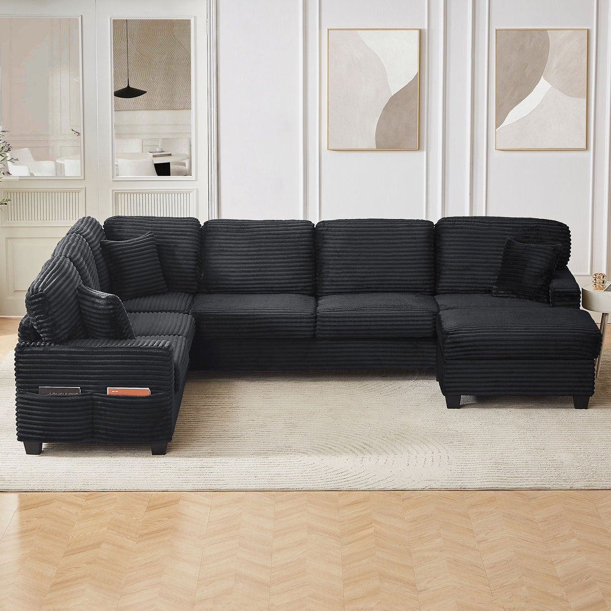 Upholstered black ribbed U-shaped sectional with movable ottoman and side pockets, 2-piece set on Tampa Home & Garden Store