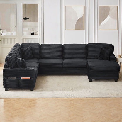 Upholstered black ribbed U-shaped sectional with movable ottoman and side pockets, 2-piece set on Tampa Home & Garden Store