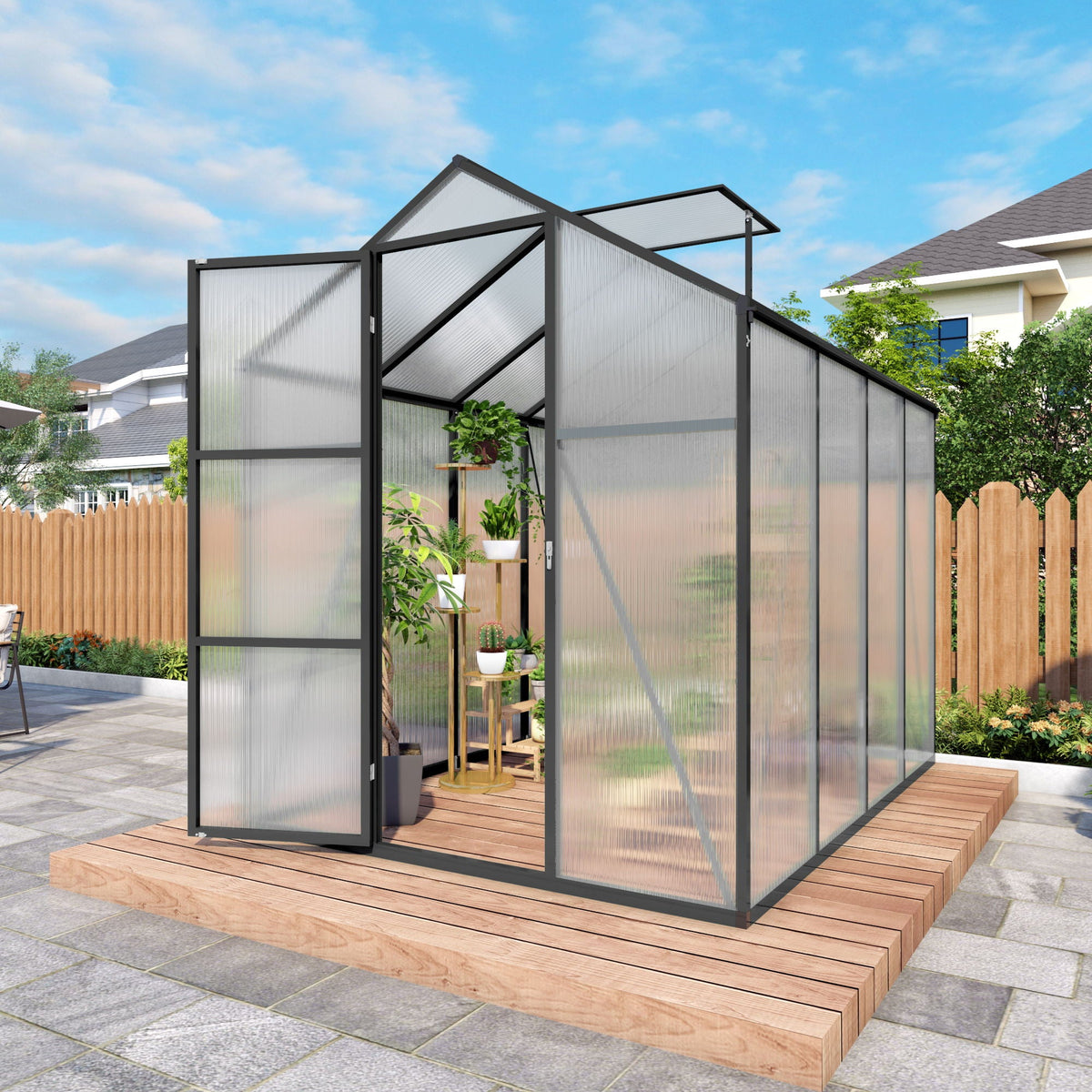 Windproof greenhouse with raised base, black frame, polycarbonate panels by HouseOfZazla on Tampa Home & Garden Store