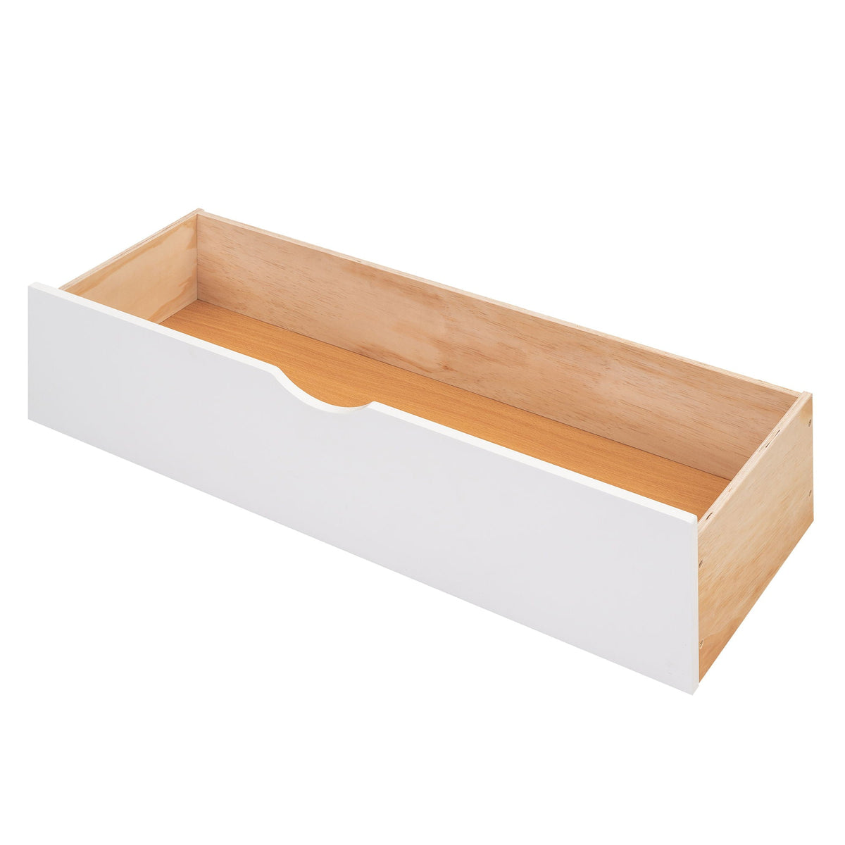 Storage platform bed drawer in white with natural wood interior and curved cutout, HouseOfZazla on Tampa Home & Garden Store