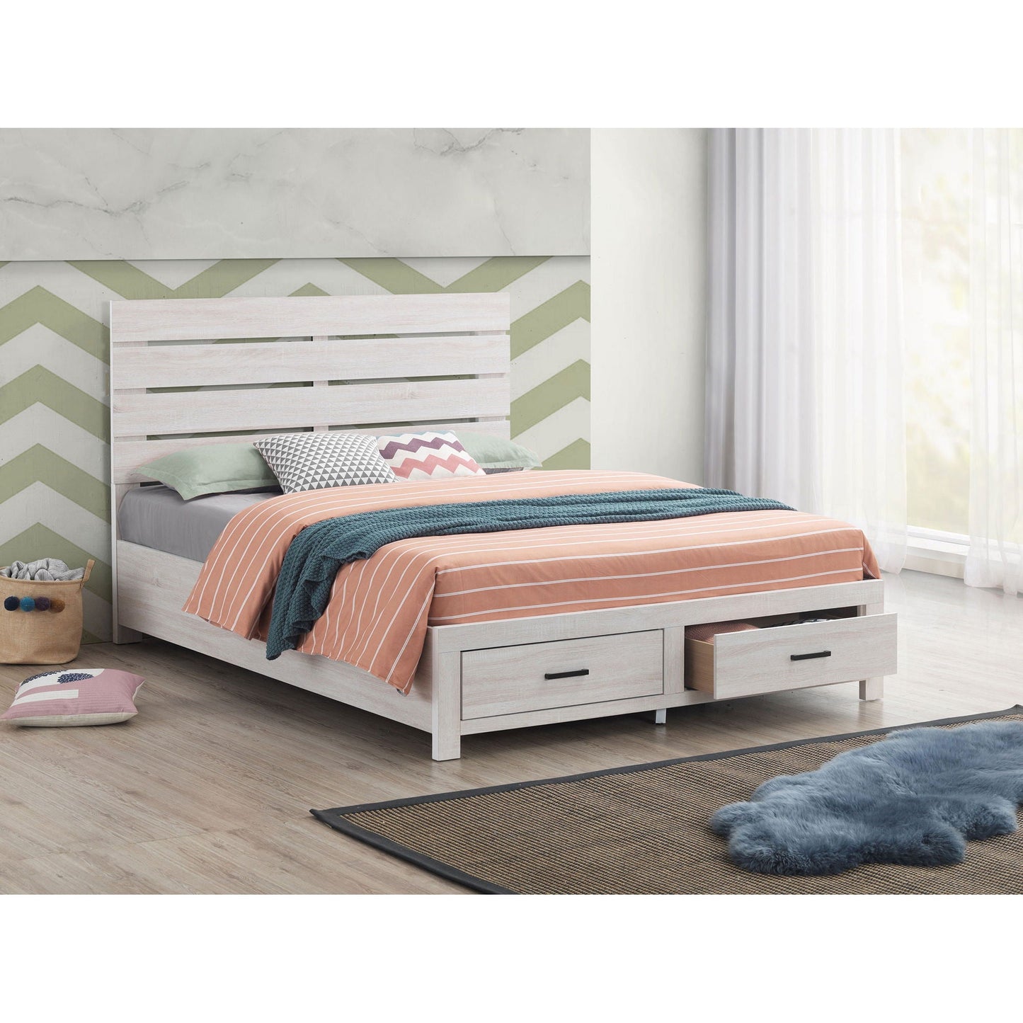 Geary panel bed by HouseOfZazla; light wood finish with built-in under-bed storage drawers on Tampa Home & Garden Store