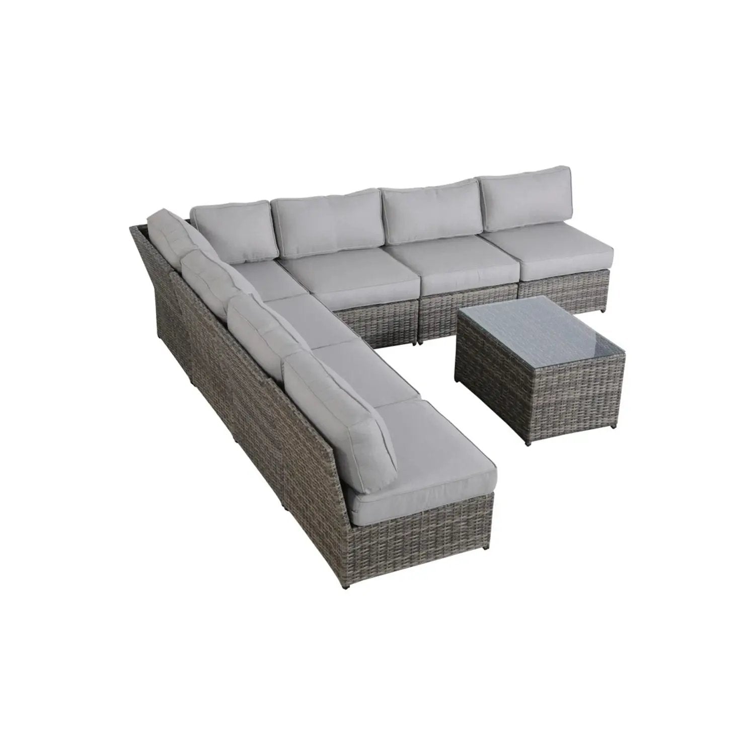 Modern patio rattan sectional with gray cushions and glass coffee table, 2-piece outdoor set on Tampa Home & Garden Store