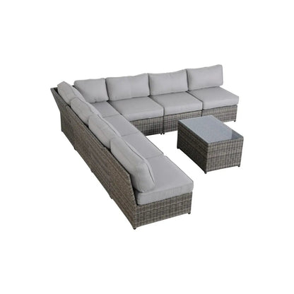 Modern patio rattan sectional with gray cushions and glass coffee table, 2-piece outdoor set on Tampa Home & Garden Store