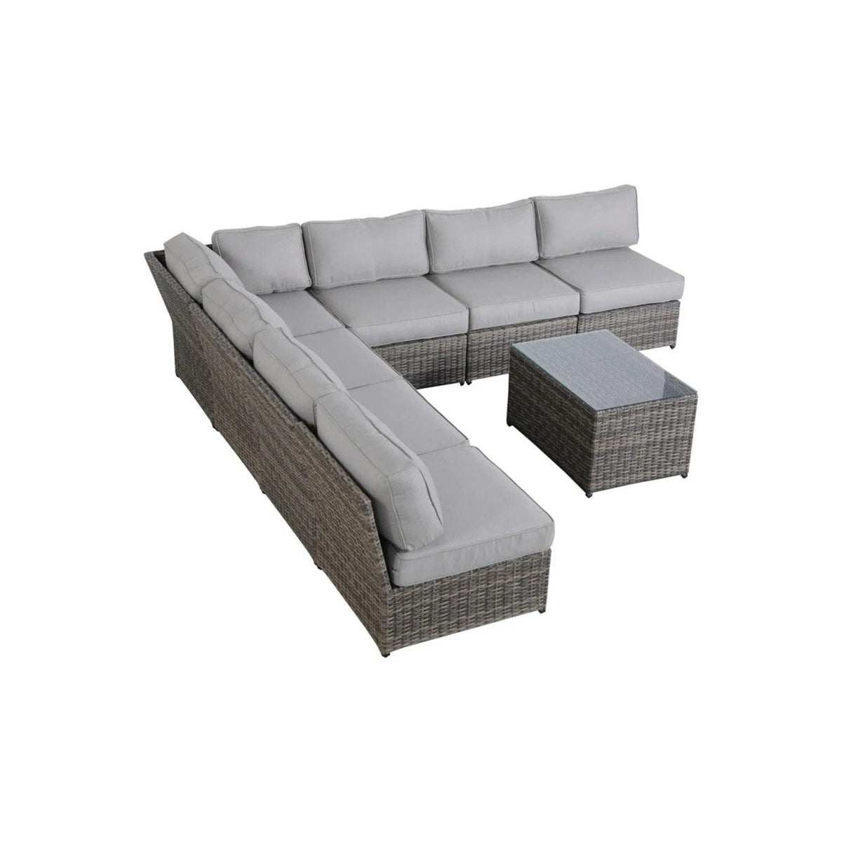 2-piece modern patio rattan sectional with grey cushions and glass coffee table HouseOfZazla on Tampa Home & Garden Store