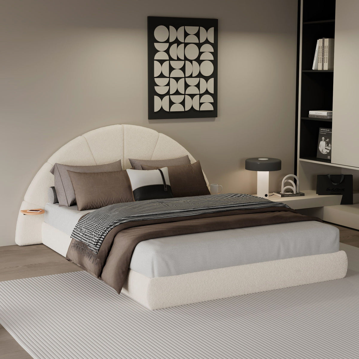 Queen arched beige upholstered bed with small round floor table, modern decor by HouseOfZazla on Tampa Home & Garden Store