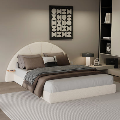 Queen arched beige upholstered bed with small round floor table, modern decor by HouseOfZazla on Tampa Home & Garden Store