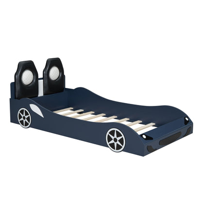 Race car bed with LED and upholstered backrests, dark blue with wheel decals by HouseOfZazla on Tampa Home & Garden Store