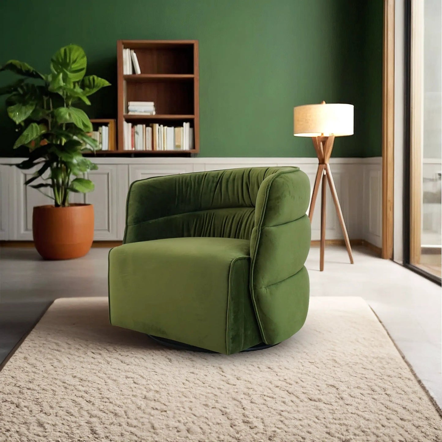 Walden Swivel Chair green velvet upholstery by Unique Piece Furniture in a modern living room on Tampa Home & Garden Store