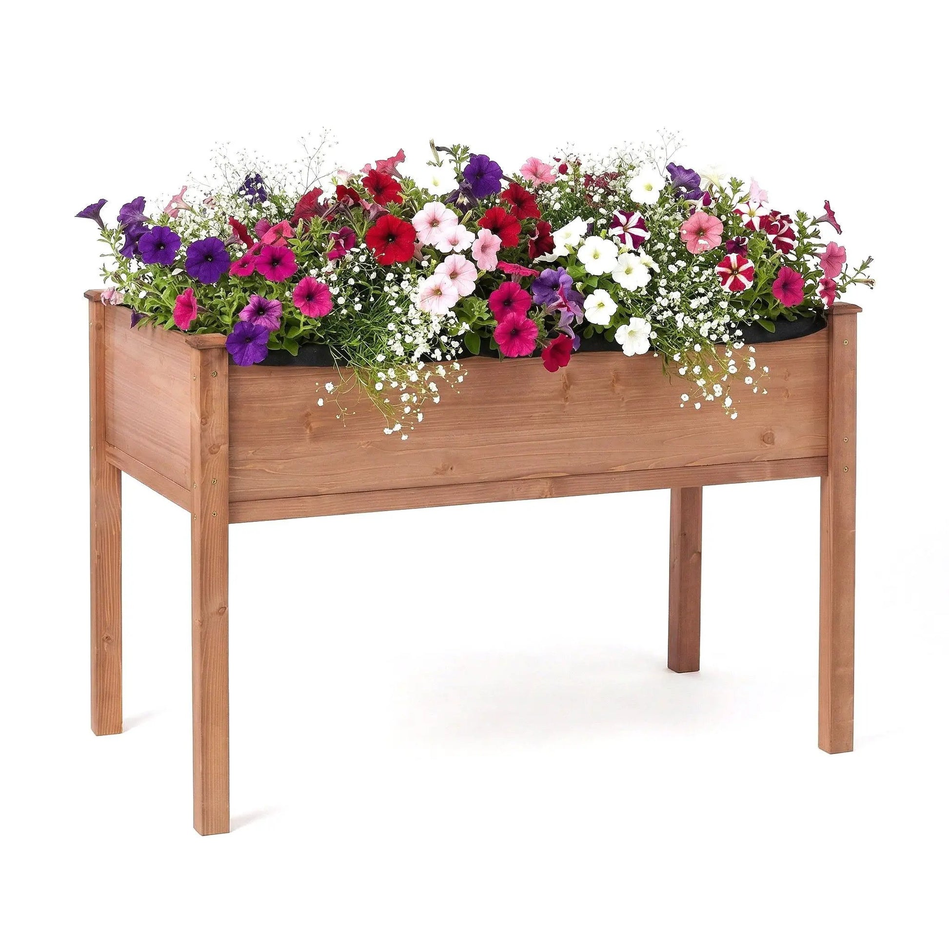 Elevated raised garden bed planter in natural wood with petunias by Unique Piece Furniture on Tampa Home & Garden Store