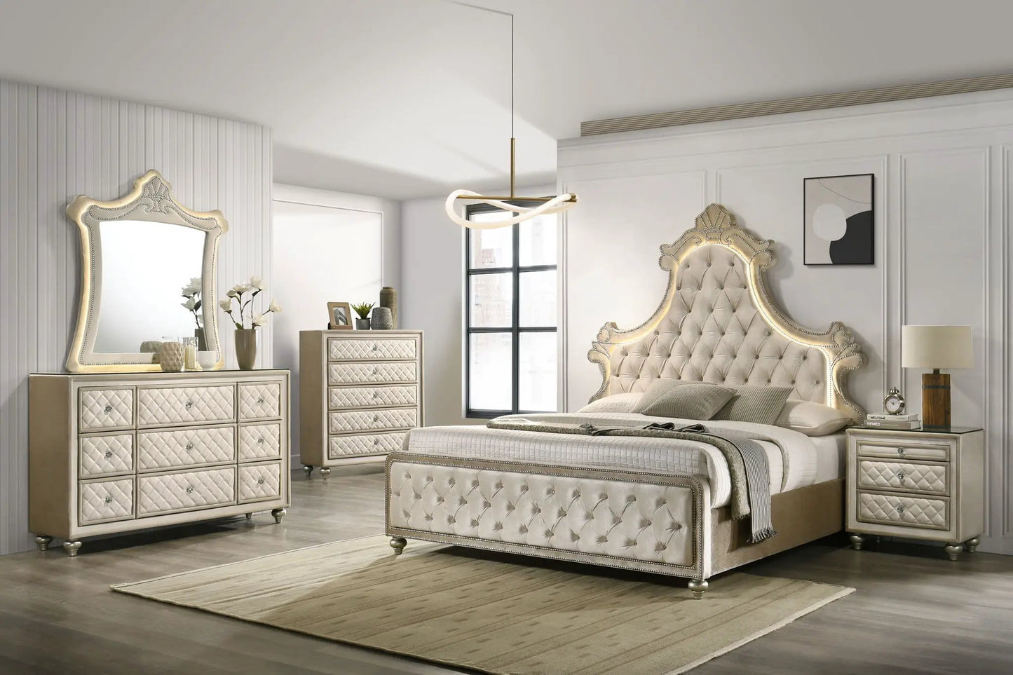 Lucienne bed with LED lighting, champagne upholstery and tufted headboard by Unique Piece Furniture on Tampa Home & Garden Store