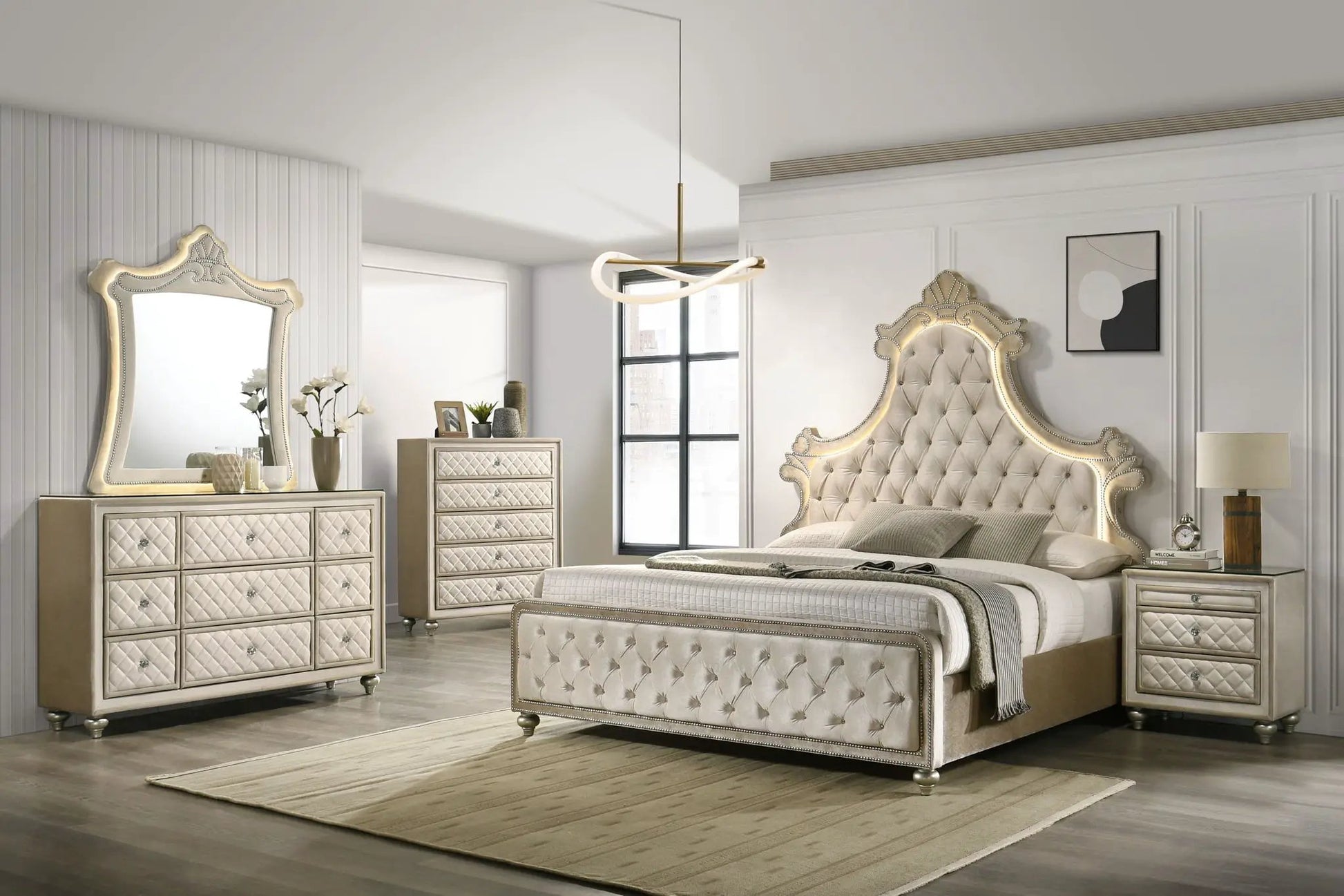 Lucienne bed with LED lighting, champagne upholstery and tufted headboard by Unique Piece Furniture on Tampa Home & Garden Store