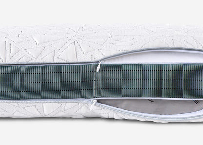 BedGear Storm Cuddle Curve Backrest Pillow, white quilted top with blue striped side on Tampa Home & Garden Store
