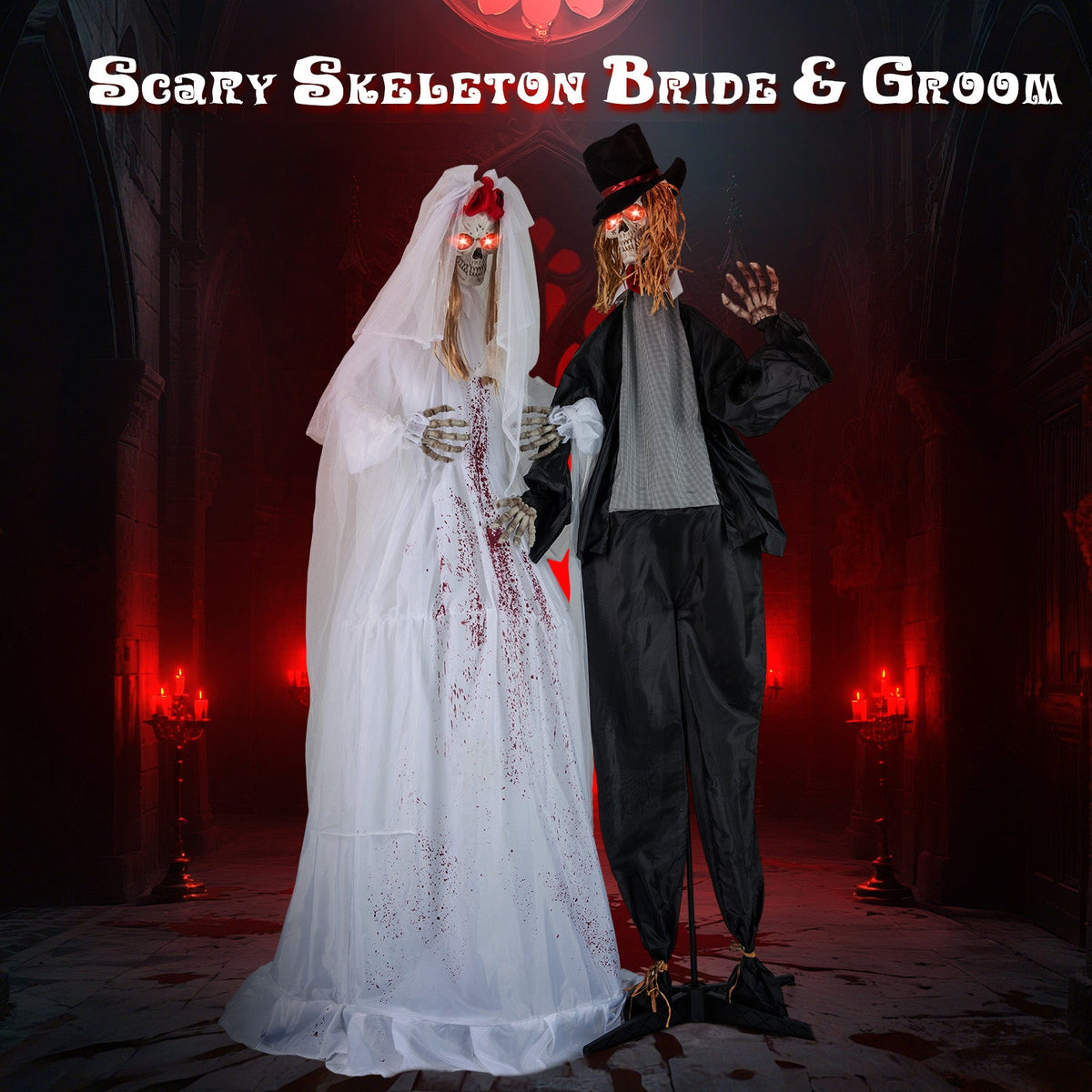 Halloween animatronic Bride & Groom skeletons, 7.2 ft, red-eyed gown and black tux haunt display on Tampa Home & Garden Store