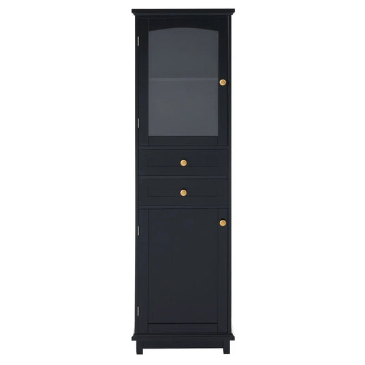 Tall black linen cabinet with glass door and brass knobs, Unique Piece Furniture on Tampa Home & Garden Store