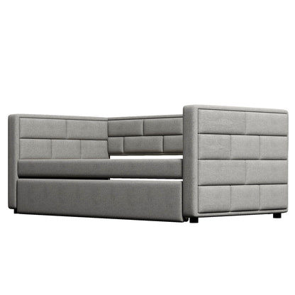 Upholstered twin size daybed with trundle in gray fabric, padded back and sides HouseOfZazla on Tampa Home & Garden Store