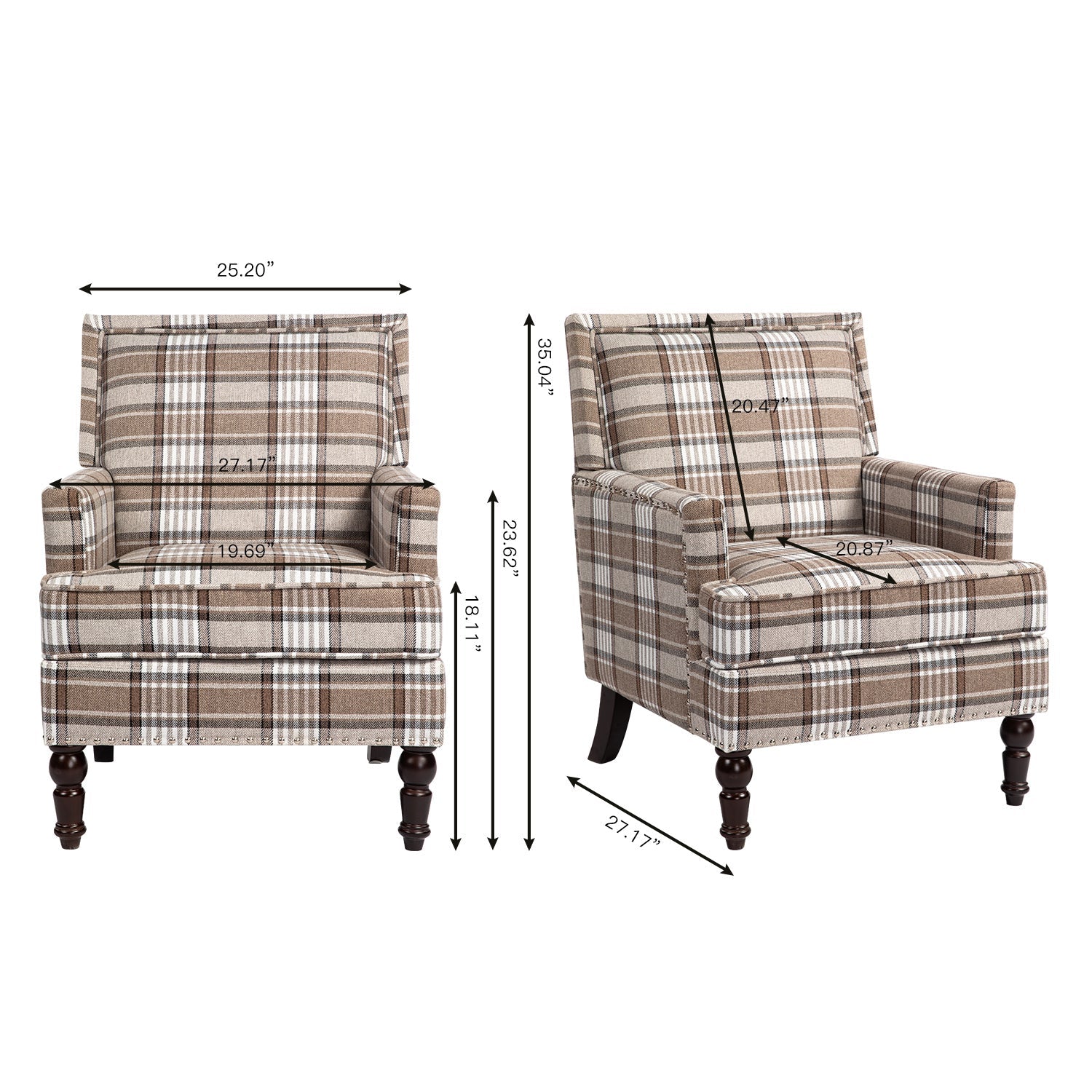 Upholstered Accent Chair in brown plaid linen with nailhead trim HouseOfZazla on Tampa Home & Garden Store