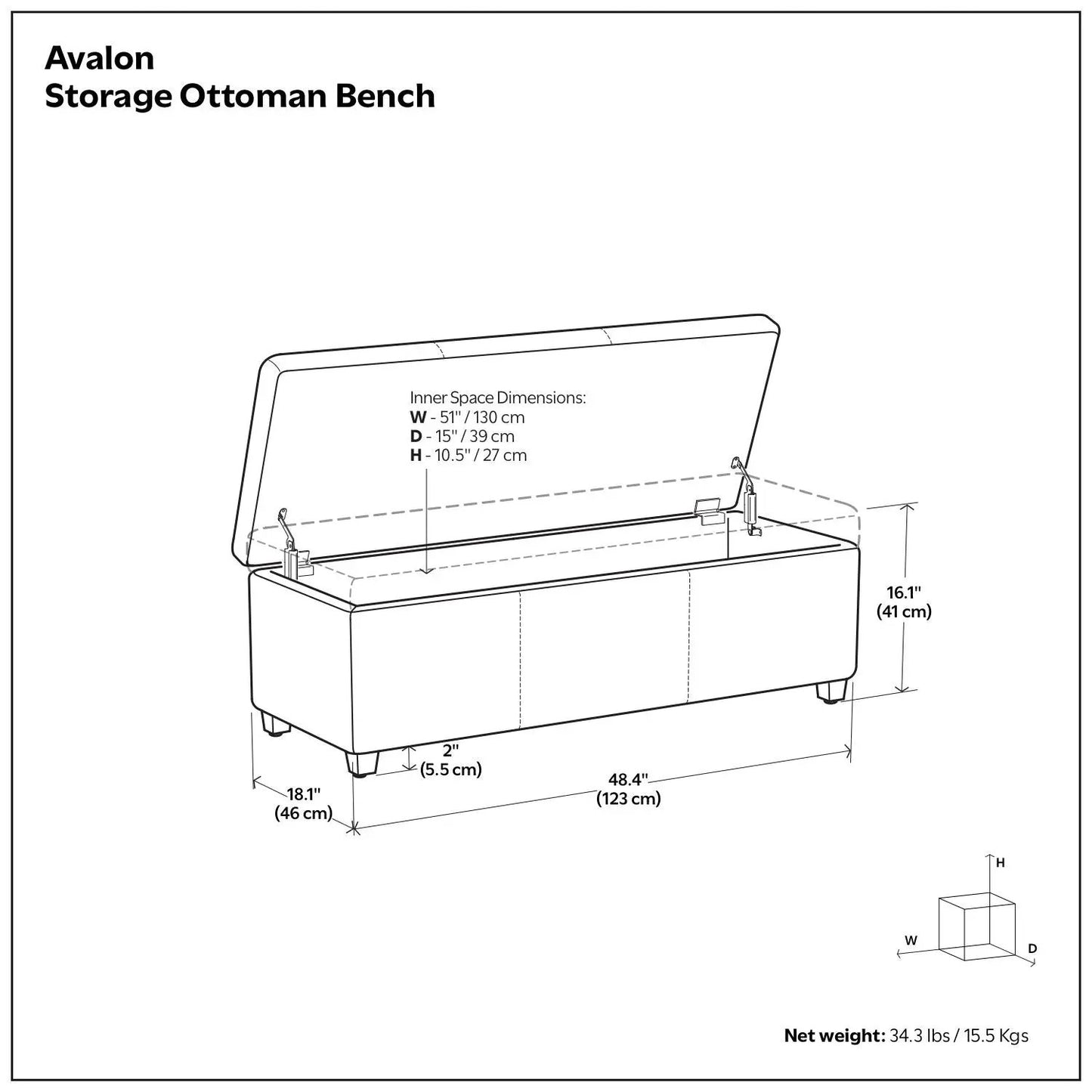 Avalon storage ottoman bench by Unique Piece Furniture with hinged lid open to reveal storage on Tampa Home & Garden Store