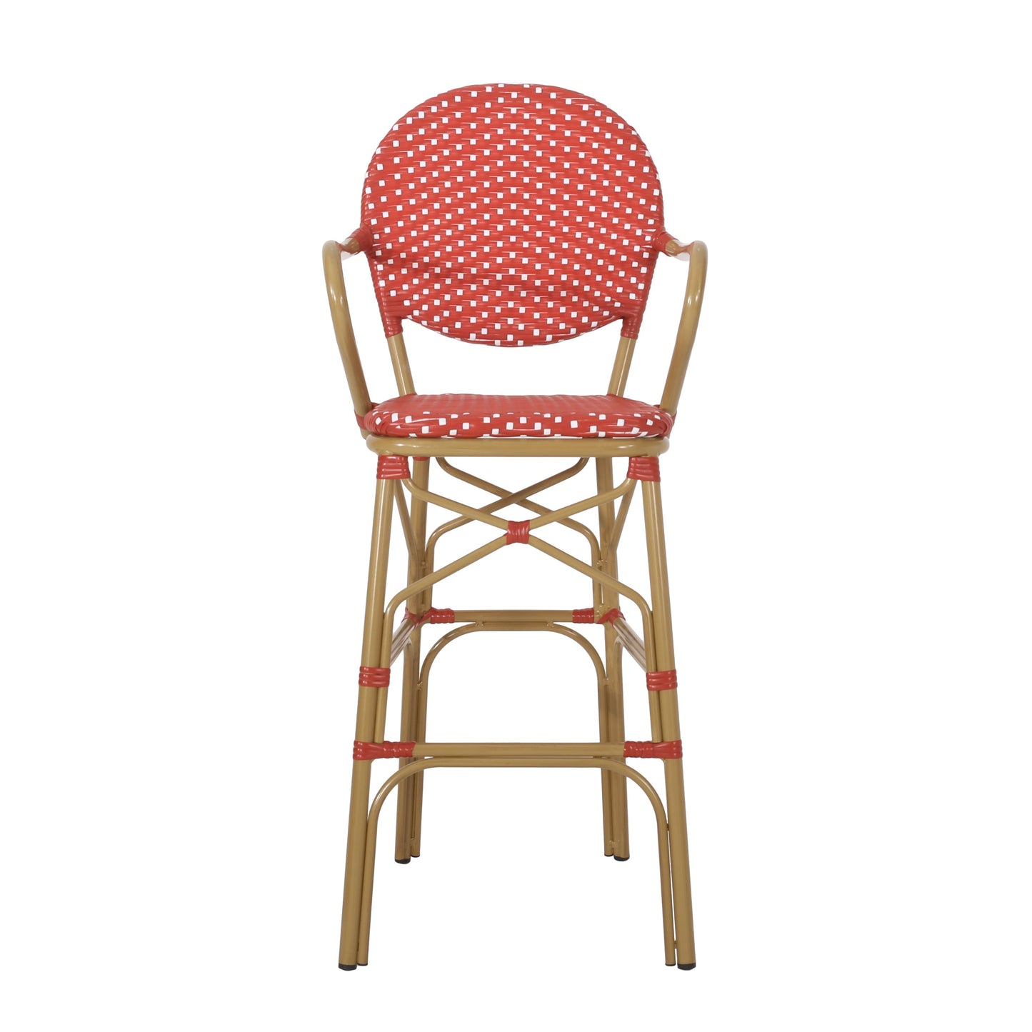 Outdoor Wicker and Aluminum French Barstools set of 2 with red and white woven backs on Tampa Home & Garden Store