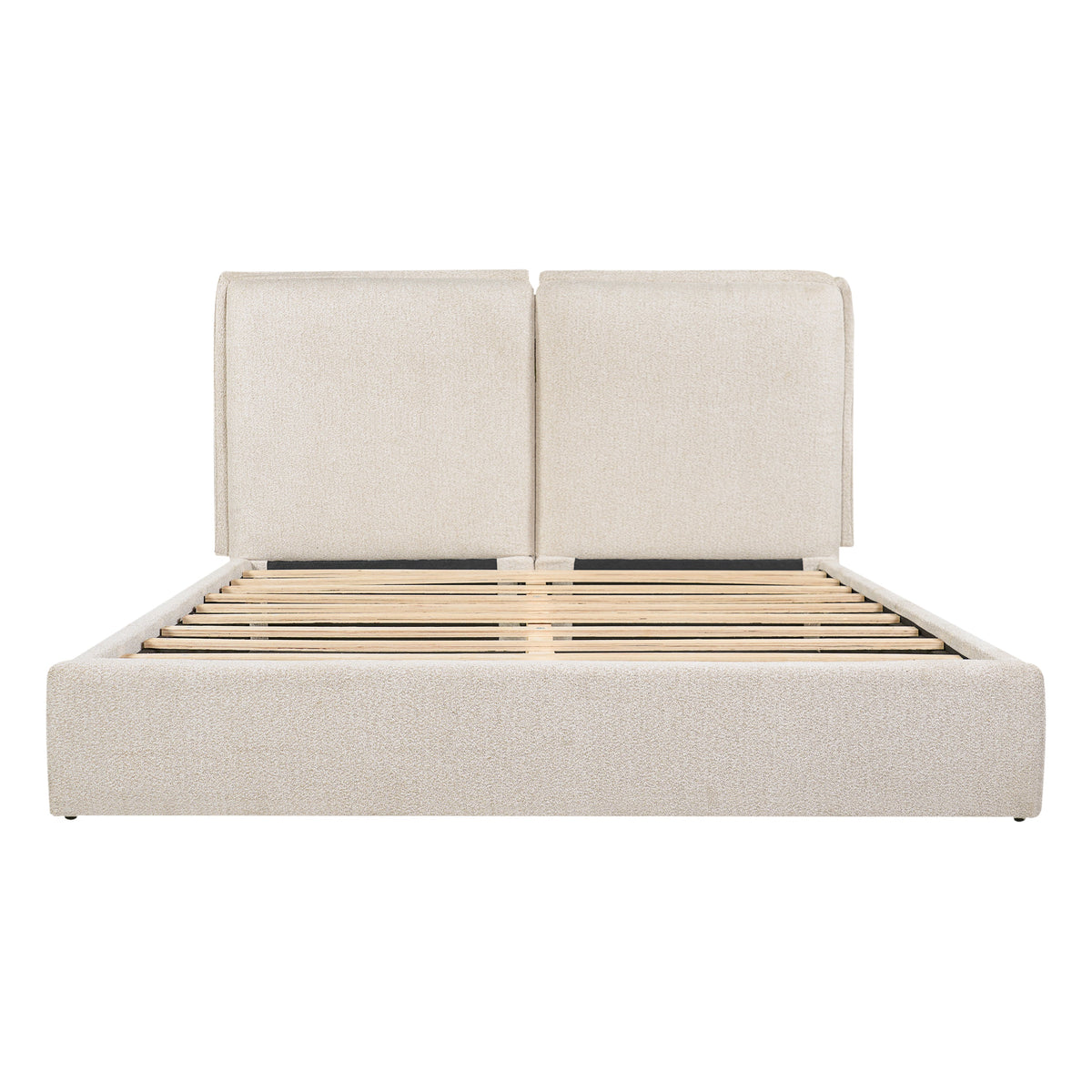 Double-Pillow upholstered bed by HouseOfZazla in beige fabric with wooden slat base on Tampa Home & Garden Store