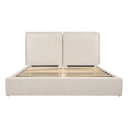 Double-Pillow upholstered bed by HouseOfZazla in beige fabric with wooden slat base on Tampa Home & Garden Store