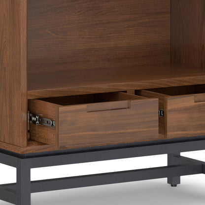 Handcrafted mid-century bookcase with walnut finish and two drawers on a black metal base on Tampa Home & Garden Store