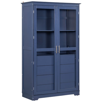 Blue Pine Cabinet With Glass Doors And Drawers