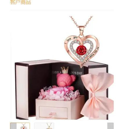 Little Bear preserved flower gift box with pink bouquet and rose-gold heart pendant necklace on Tampa Home & Garden Store
