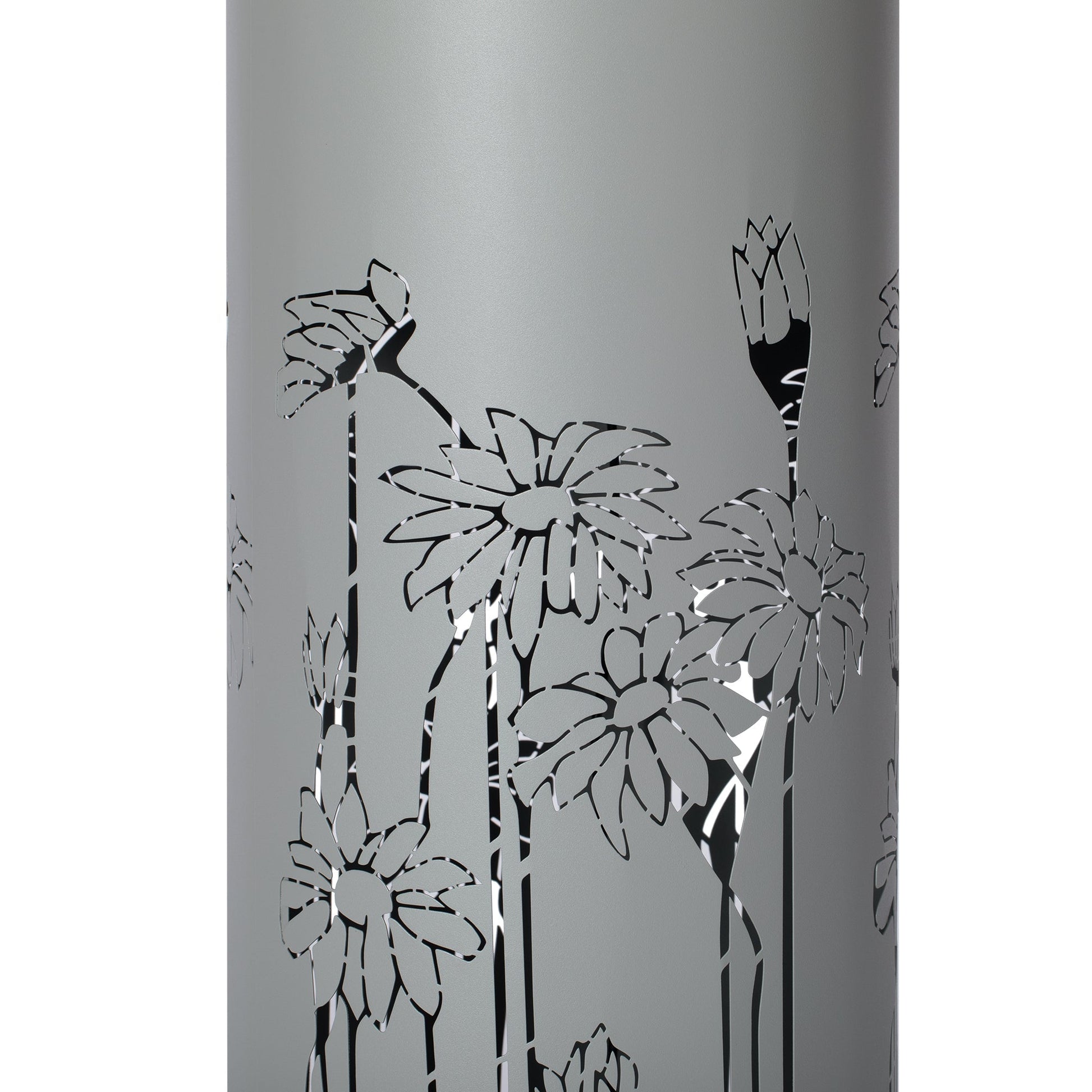 34.25'H light gray metal cutout outdoor water fountain with LED lights featuring floral panels on Tampa Home & Garden Store