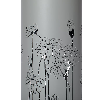 34.25'H light gray metal cutout outdoor water fountain with LED lights featuring floral panels on Tampa Home & Garden Store