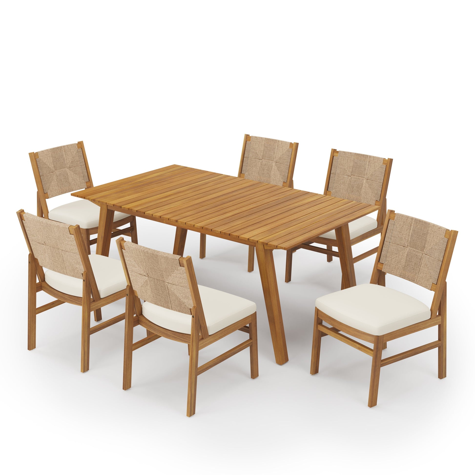 HouseOfZazla outdoor 7-piece acacia dining set with Taiga 69 teak table and woven-back chairs on Tampa Home & Garden Store