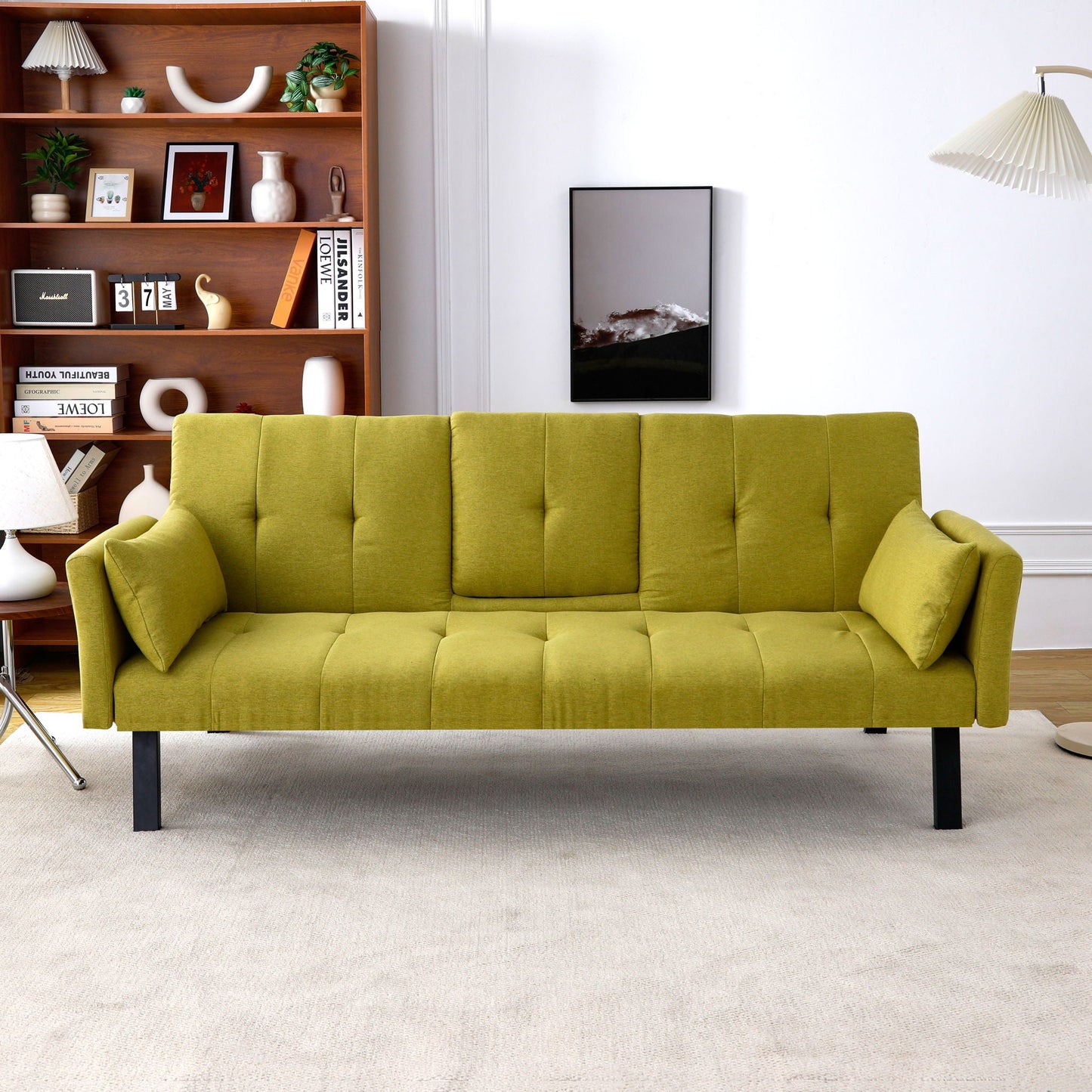 Green Foldable Sofa Bed with a Cup Holder