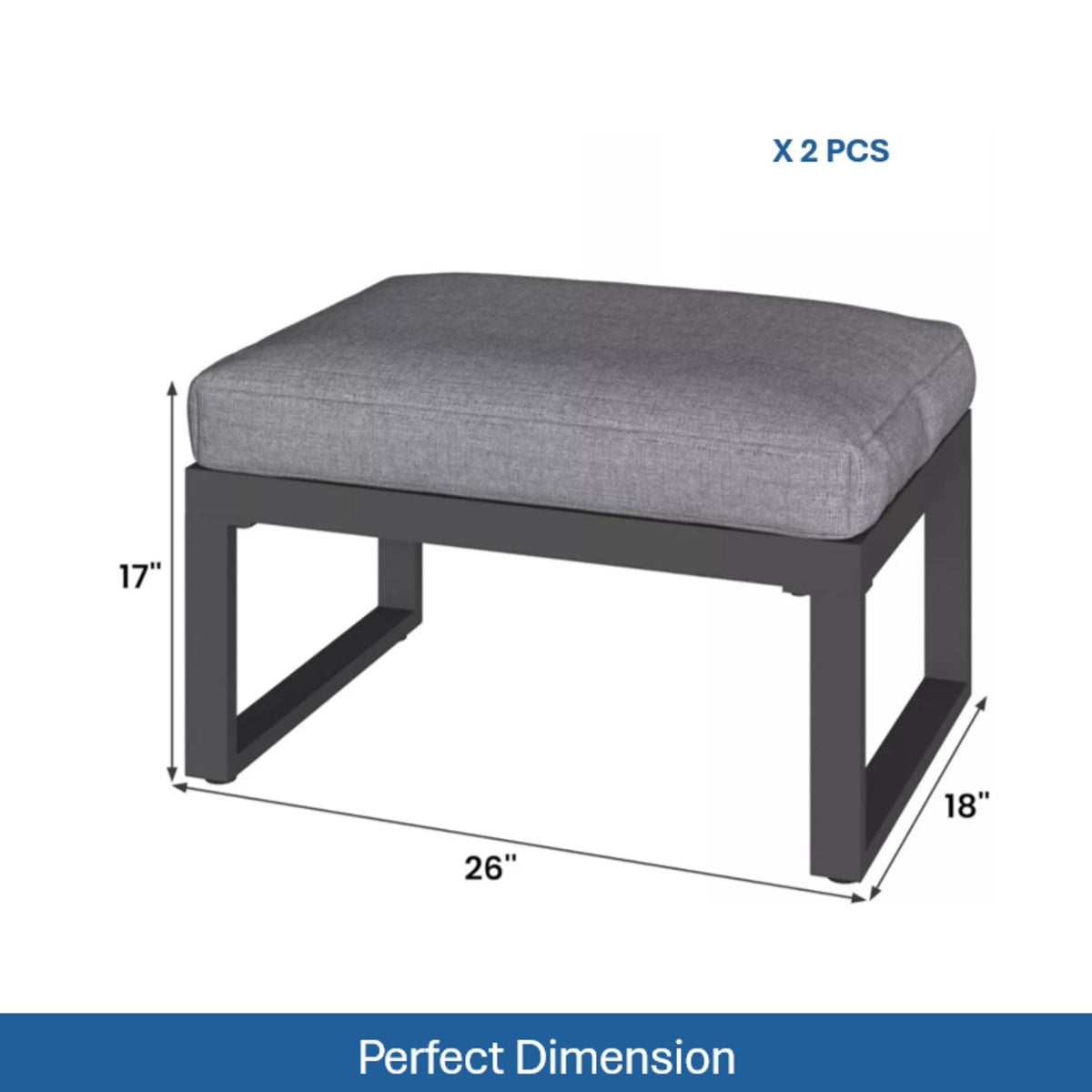 All-Weather Patio Ottomans thick gray fabric cushions on dark frame 2-piece HouseOfZazla on Tampa Home & Garden Store