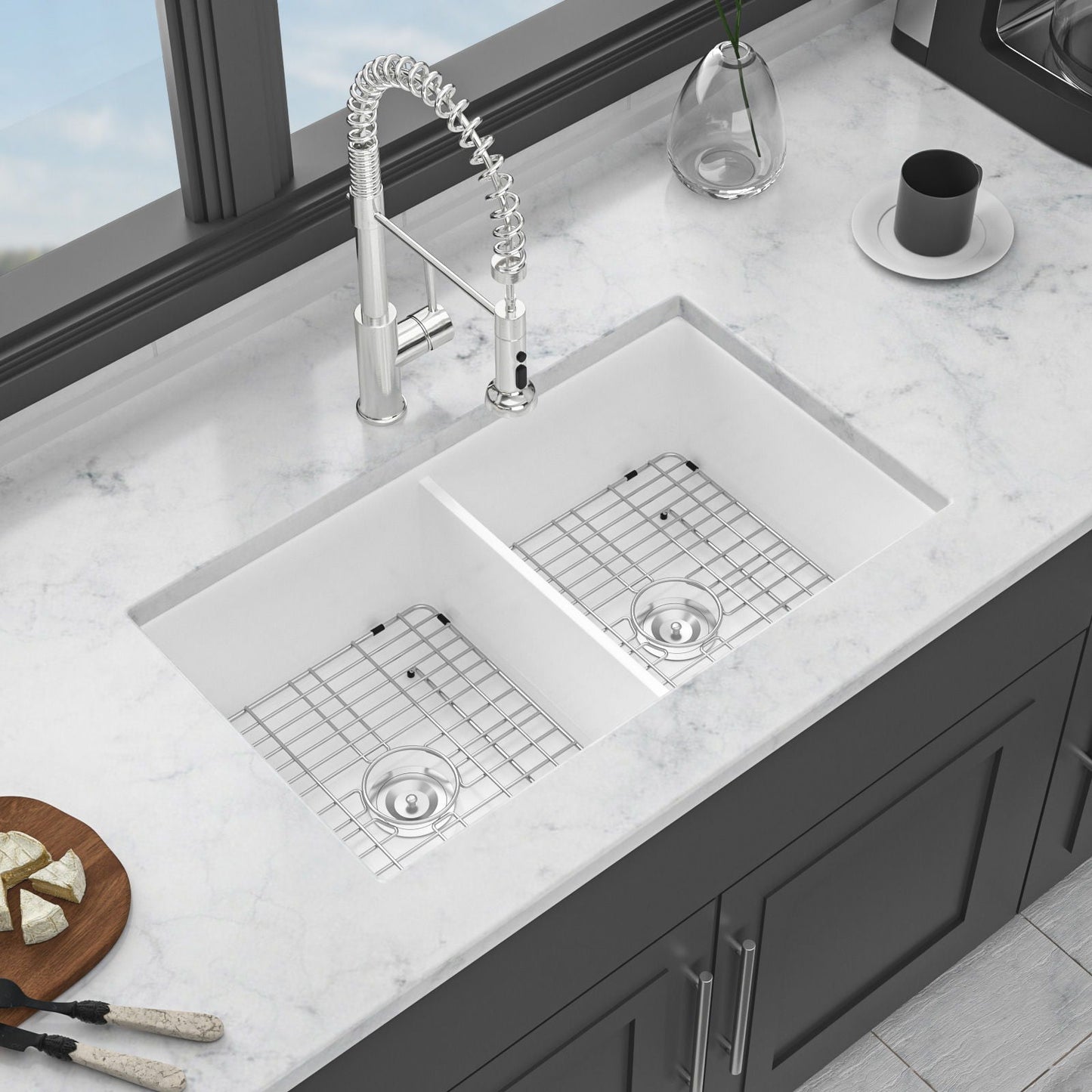 White Double Bowl Ceramic and Dual Kitchen Sink