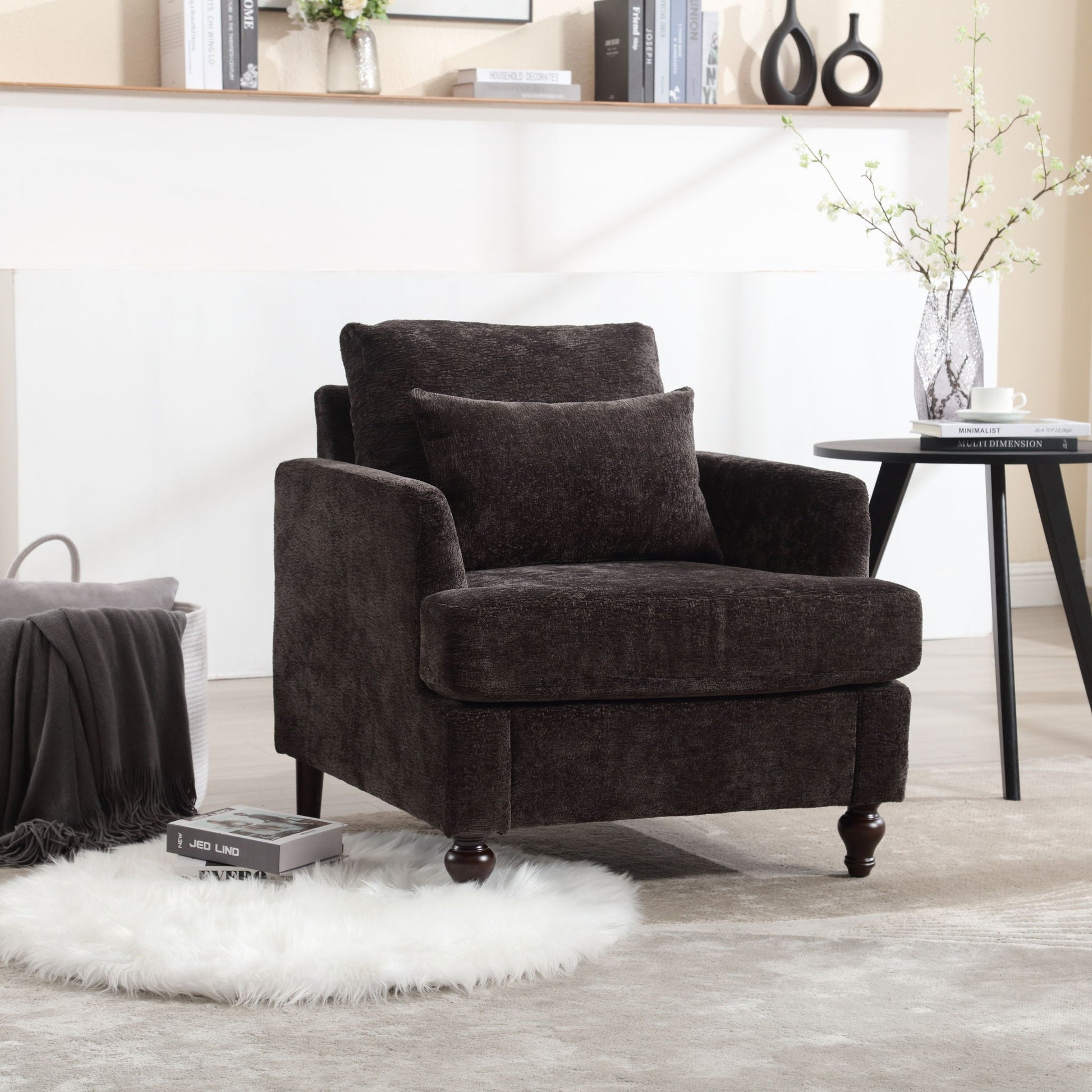 Modern Mid Century Wood Frame Armchair with tufted dark upholstery by HouseOfZazla on Tampa Home & Garden Store