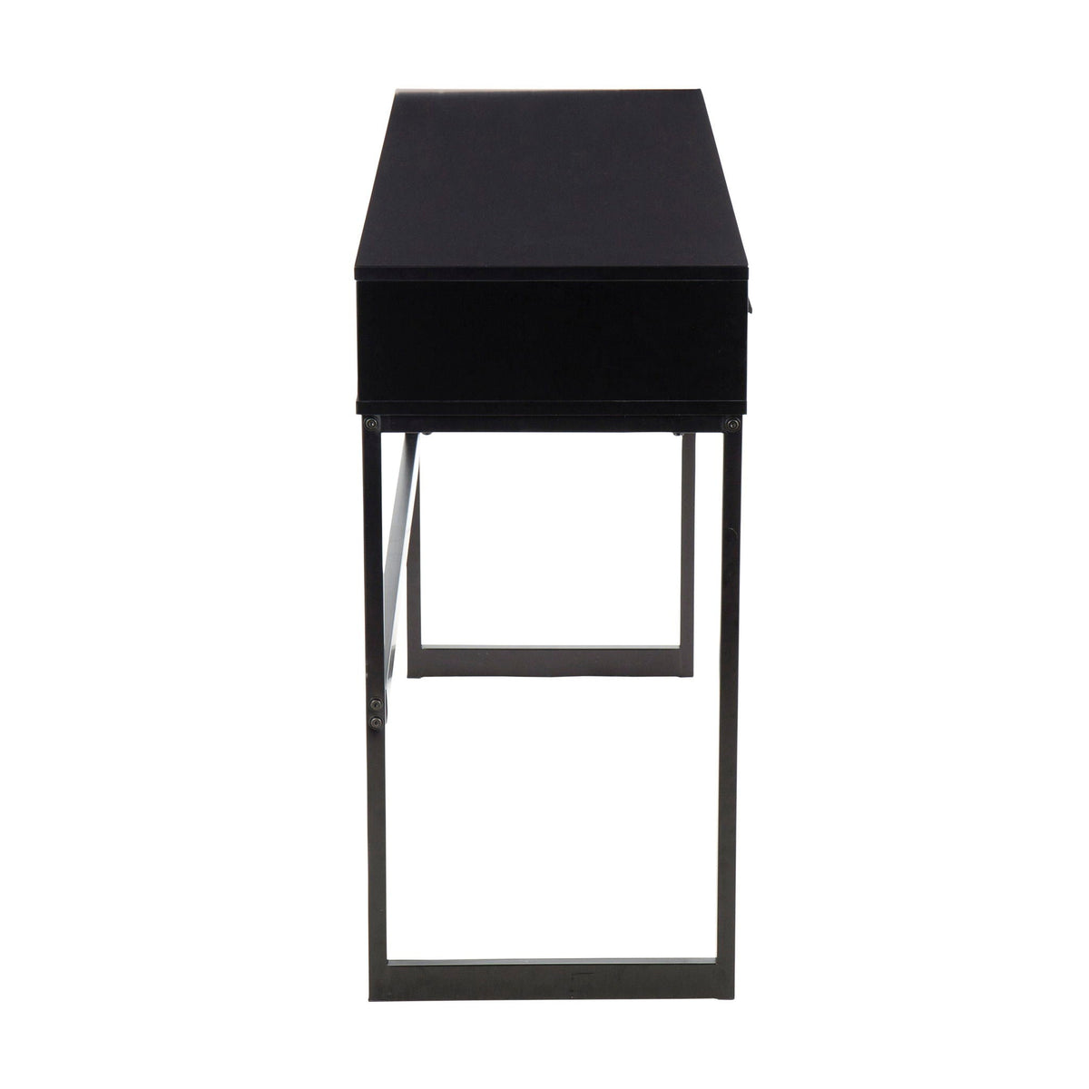 Black contemporary console table with metal legs and open lower shelf on Tampa Home & Garden Store