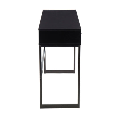 Black contemporary console table with metal legs and open lower shelf on Tampa Home & Garden Store