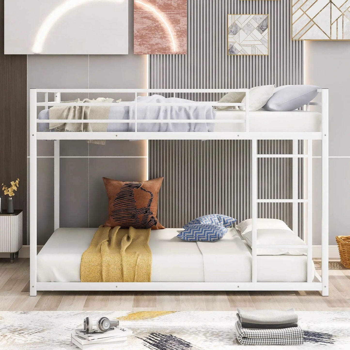 Metal bunk bed with ladder, white frame, low bunk design by Unique Piece Furniture on Tampa Home & Garden Store