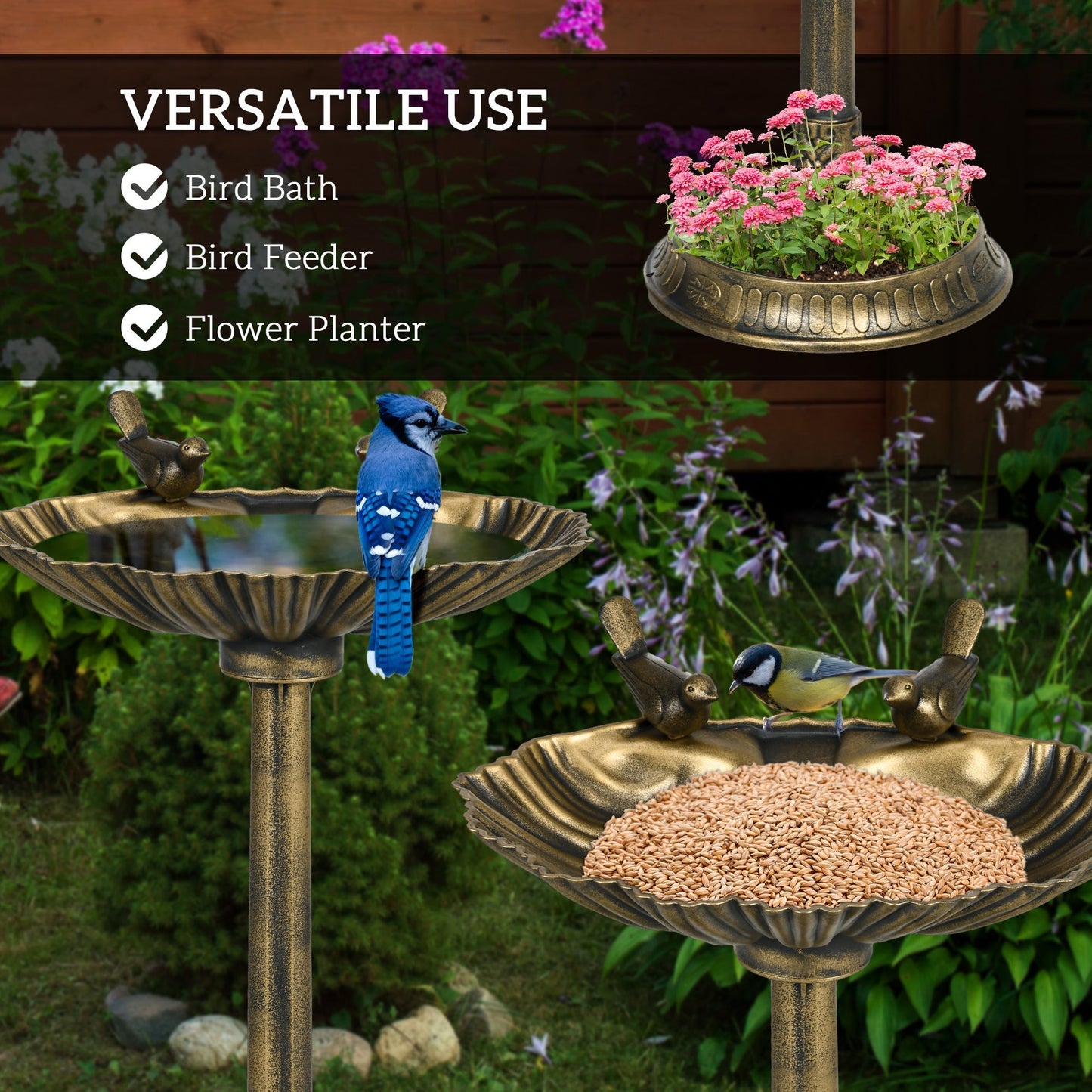 Outsunny antique bronze bird bath on pedestal with flower planter base and pink blossoms on Tampa Home & Garden Store