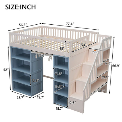 Full-size white loft bed with built-in staircase, privacy curtain, and fourshelf storage cabinets on Tampa Home & Garden Store