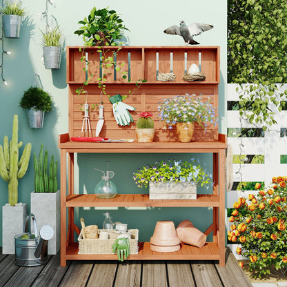 TOPMAX 65' Wooden Farmhouse Rustic Outdoor Potting Bench Table Workstation with plants and bird on Tampa Home & Garden Store