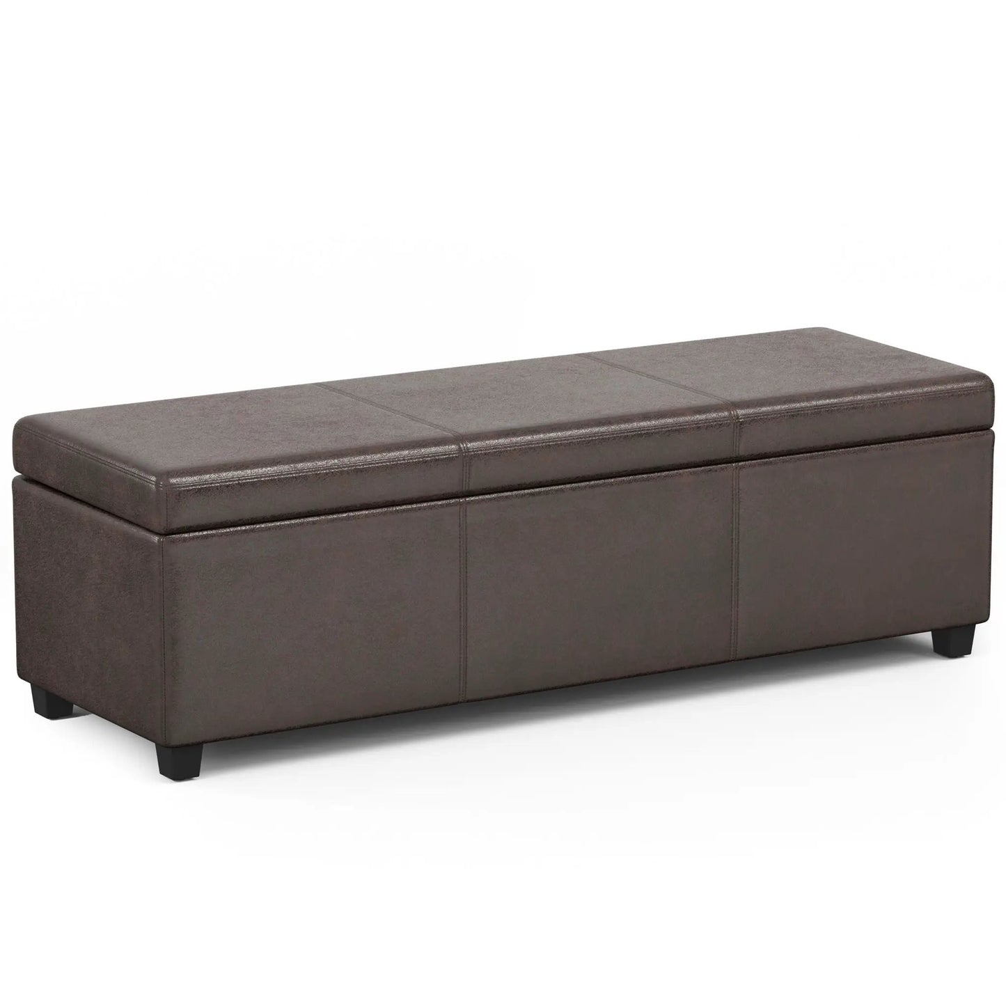 Avalon storage ottoman bench in brown leather-look with stitched top and short black feet on Tampa Home & Garden Store