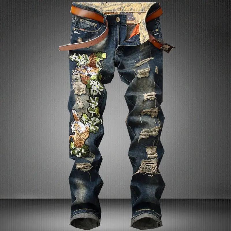 Men's ripped jeans with tiger floral embroidery and distressed patches by FLIPSTYLEZLLC on Tampa Home & Garden Store