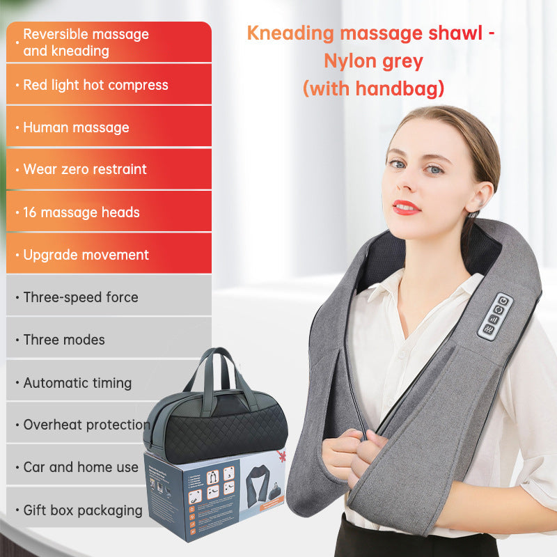 Kneading massage shawl massager SKG nylon grey worn by a woman; includes handbag and box on Tampa Home & Garden Store