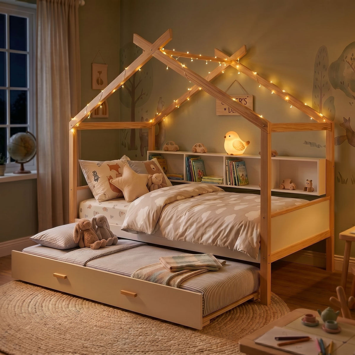House Bed With Bookshelf Storage in natural wood with built-in shelves and warm string lights on Tampa Home & Garden Store