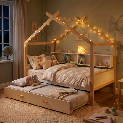 House Bed With Bookshelf Storage in natural wood with built-in shelves and warm string lights on Tampa Home & Garden Store