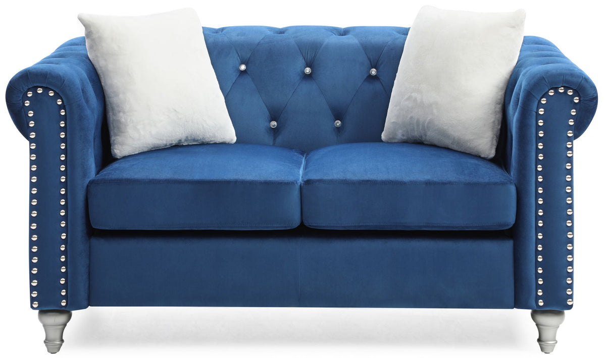 Contemporary blue velvet loveseat with jeweled tufting and studded arms by HouseOfZazla, two cushions on Tampa Home & Garden Store