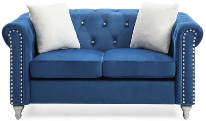 Contemporary blue velvet loveseat with jeweled tufting and studded arms by HouseOfZazla, two cushions on Tampa Home & Garden Store